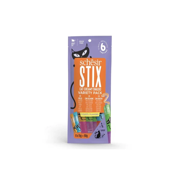 Schesir Cat Stix Tavuk, Somon Ve Ördekli Karışık Krema Kedi Ödülü 6x15gr