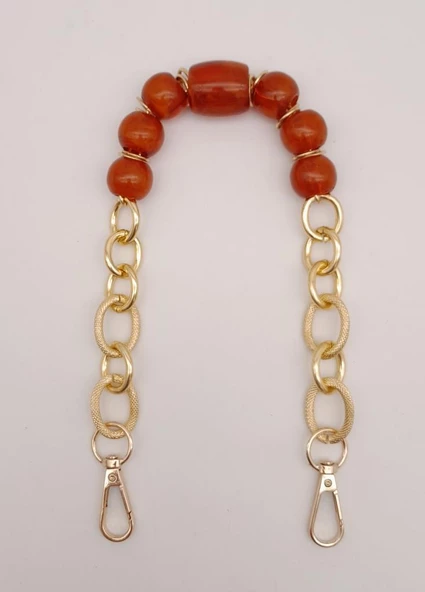 Çanta Aksesuar 42 cm Kancalı Kehribar Renk Akrilik Zincir Light Gold Metalli