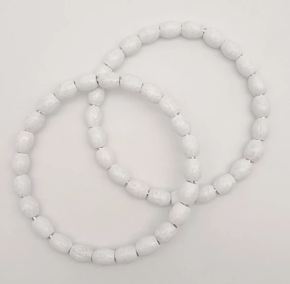 Çanta Aksesuar 12 cm Oval Ahşap Boncuklu Bilezik Model Beyaz Renk Çift Sap