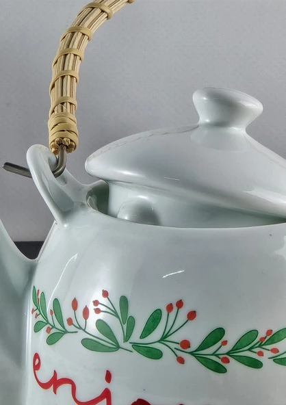 Enjoy Porselen Demlik - Hasır Saplı Çay Demliği - Üstten Saplı Demlik - 1 Litre - 3