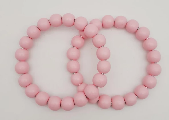 Çanta Aksesuar 13 cm Ahşap Boncuklu Bilezik Model Pembe Renk Çift Sap