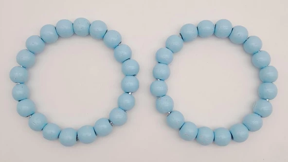 Çanta Aksesuar 13 cm Ahşap Boncuklu Bilezik Model Buz Mavi Renk Çift Sap - Resim 2