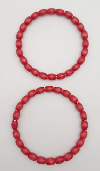 Çanta Aksesuar 12 cm Oval Ahşap Boncuklu Bilezik Model Kırmızı Renk Çift Sap - Resim 3