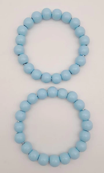 Çanta Aksesuar 13 cm Ahşap Boncuklu Bilezik Model Buz Mavi Renk Çift Sap - Resim 3