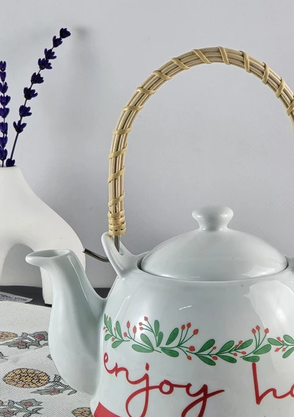 Enjoy Porselen Demlik - Hasır Saplı Çay Demliği - Üstten Saplı Demlik - 1 Litre - 2