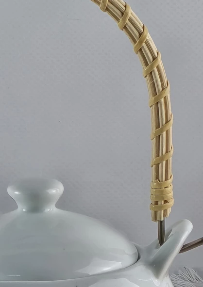 Enjoy Porselen Demlik - Hasır Saplı Çay Demliği - Üstten Saplı Demlik - 1 Litre - 5