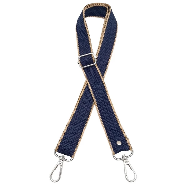 Çanta Aksesuar 120x3 cm Polyester Kolon Çanta Sapı Lacivert Renk Bej Şeritli Gümüş Metalli - 2
