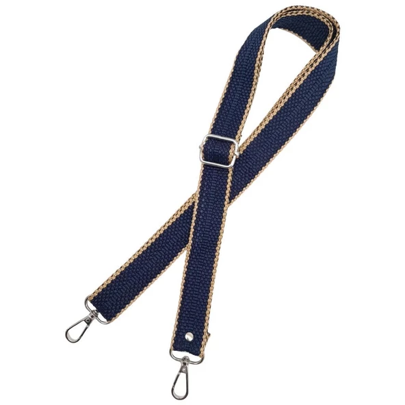 Çanta Aksesuar 120x3 cm Polyester Kolon Çanta Sapı Lacivert Renk Bej Şeritli Gümüş Metalli - 3