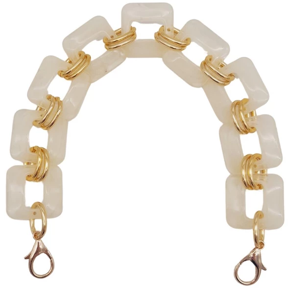 Çanta Aksesuar 40 cm Kare Akrilik Kancalı Çanta Zinciri Krem Renk Light Gold Metalli