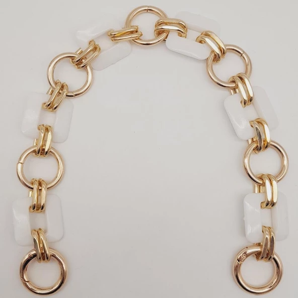 Çanta Aksesuar 40 cm Kare Akrilik Yaylı Halkalı Çanta Zinciri Beyaz Renk Light Gold Metalli