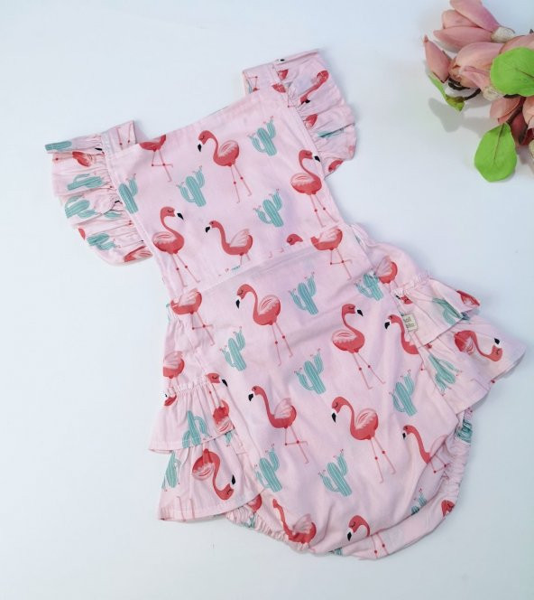 Flamingo Baskılı Fiyonklu Kız Bebek Romper