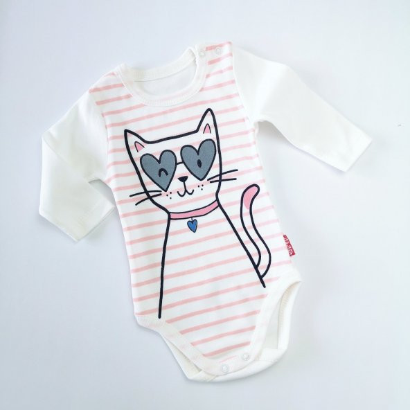 Çizgili Kedi Uzun Kollu Çıtçıtlı Bebek Badi - 1