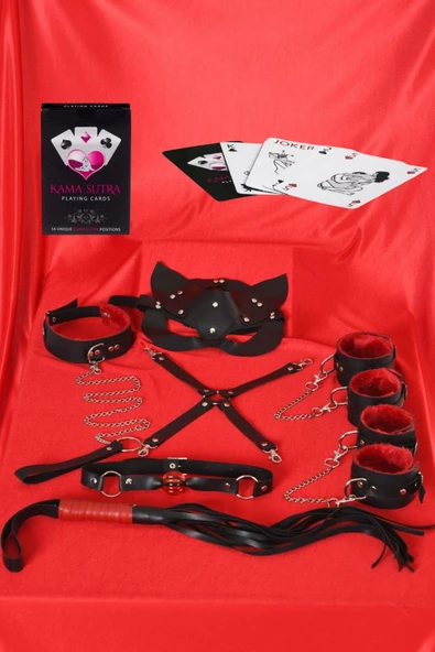 Aria's Closet Sexy Görselli Oyun Kartı Kama Sutra 7'li Kırmızı Siyah Harness Set