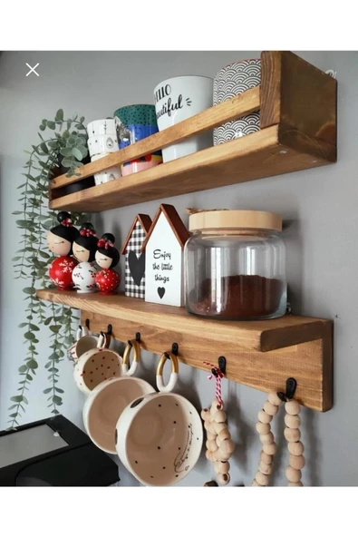 Klasik Kahve Köşesi 2 Li Raf Set Terek 50X9 CM Garantisiz Klasik Ahşap Gri - 2