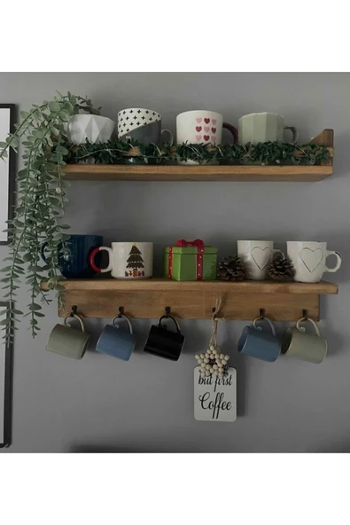Kahve Köşesi 2 Li Raf Set Terek Ceviz Rengi Modern - 2