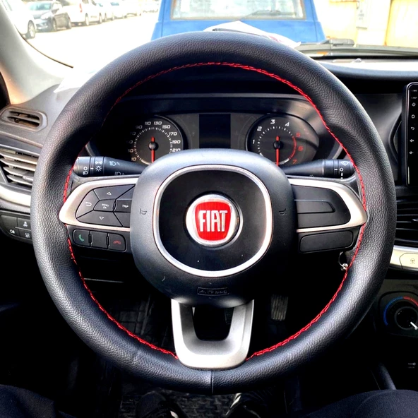 DİKİŞLİ DİREKSİYON KILIFI SİYAH DERİ KIRMIZI DİKİŞLİ FIAT EGEA VE CROSS - 1