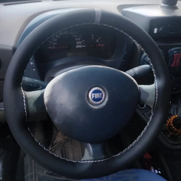 DİKİŞLİ DİREKSİYON KILIFI SİYAH DERİ GRİ YÜZÜK/DİKİŞ FIAT DOBLO İÇİN - 2