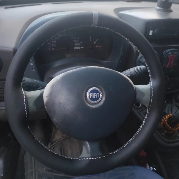 DİKİŞLİ DİREKSİYON KILIFI SİYAH DERİ GRİ YÜZÜK/DİKİŞ FIAT DOBLO İÇİN - 3