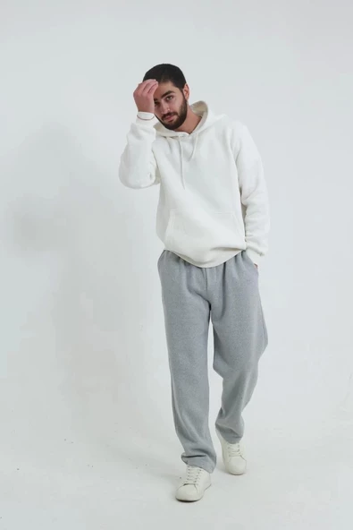 Erkek İçi Polarlı İki İplik Beli Bağcıklı Gri Jogger Eşofman Altı - 7