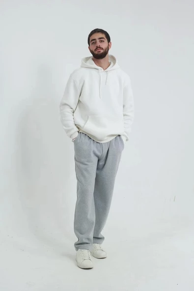 Erkek İçi Polarlı İki İplik Beli Bağcıklı Gri Jogger Eşofman Altı - 3