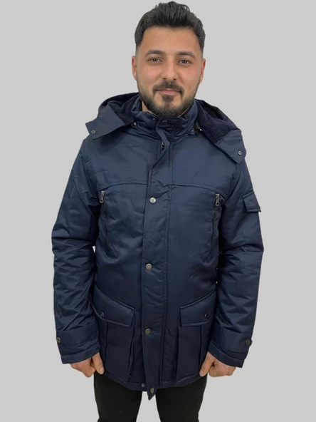Erkek Kapüşon Çıkmalı İçi Kürklü Fermuar Detaylı Kanvas Lacivert Kaban Parka