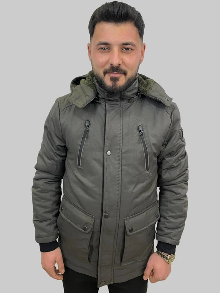 Erkek Kapüşon Çıkmalı İçi Kürklü Kanvas Haki Kaban Parka
