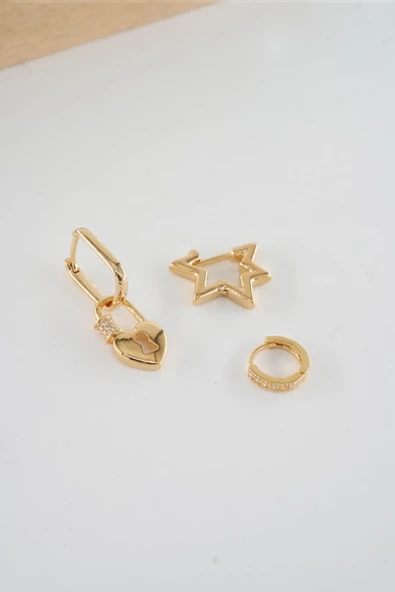 Kadın Vip Seri  Antialerjik Baget Zirkon Taşlı 3'lü Küpe - Resim 2