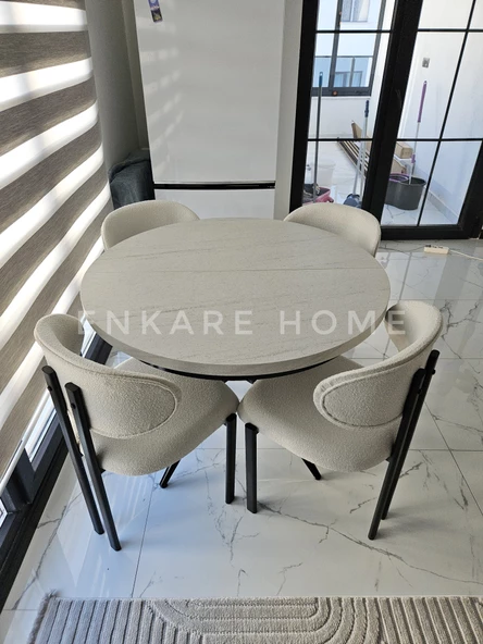 Enkare Oliva Masa Badem Sandalye Takımı - Açılabilir Yuvarlak Mdf Masa + 4 Sandalye - 4