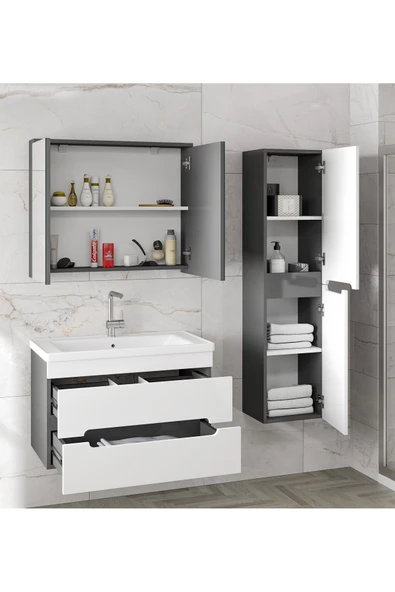 Alfa Banyo ALPİ (80+35) 115 cm MDF Boy Dolaplı Lavabolu Banyo Dolabı Seti--HAZIR KURULU-- - 2