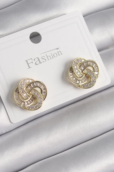 Pirinç Gold Renk Zirkon Taşlı Çiçek Model Kadın Küpe - TJ-BKP9983