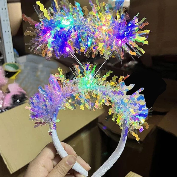 Beyaz Renk Gümüş Işıltılı Püsküllü Led Işıklı Parlak Hologramlı Taç 25x12 Cm - 4