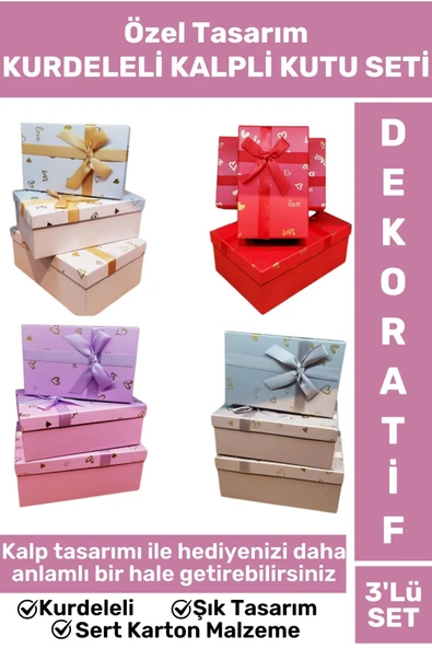 Premium Özel Gün Doğum Günü Hediyelik Sevgililer Günü Hediye Kutusu 3'lü KURDELELİ KUTU SETİ ürün görseli
