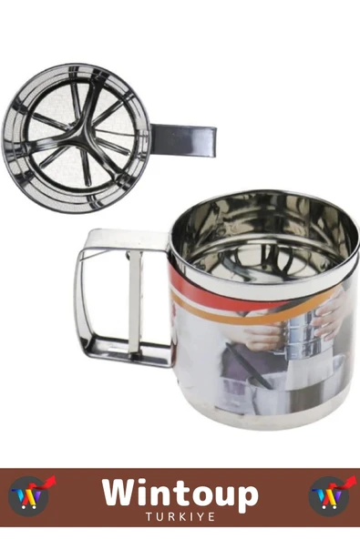 Özel Paslanmaz Çelik Tek Ele Uygun Tutma Kolu Pasta Hamur Baharat İnce Elekli Büyük Hazneli Un Eleği - Resim 2