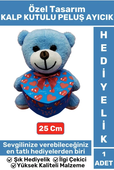 Özel Tasarım Kız Arkadaş Sevgiliye Hediyelik Sevgililer Günü Özel Gün KALP KUTULU Mavi PELUŞ AYICIK ürün görseli