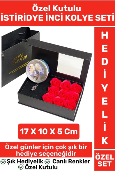 Premium Seri Anne Arkadaş Sevgiliye Hediye Kırmızı Güllü Özel Kutulu İSTİRİDYE İNCİ KOLYE SETİ