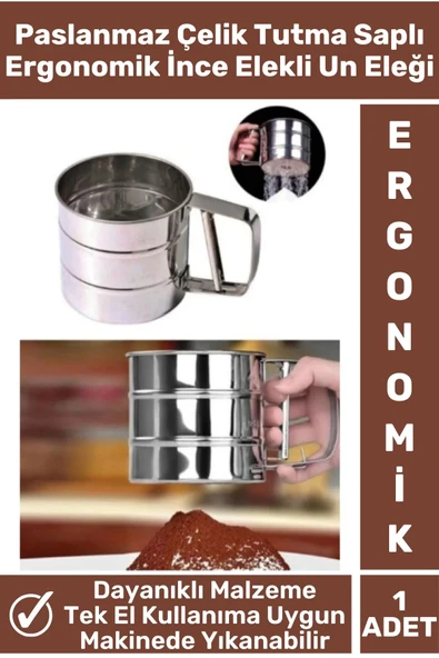 Özel Paslanmaz Çelik Tek Ele Uygun Tutma Kolu Pasta Hamur Baharat İnce Elekli Büyük Hazneli Un Eleği ürün görseli
