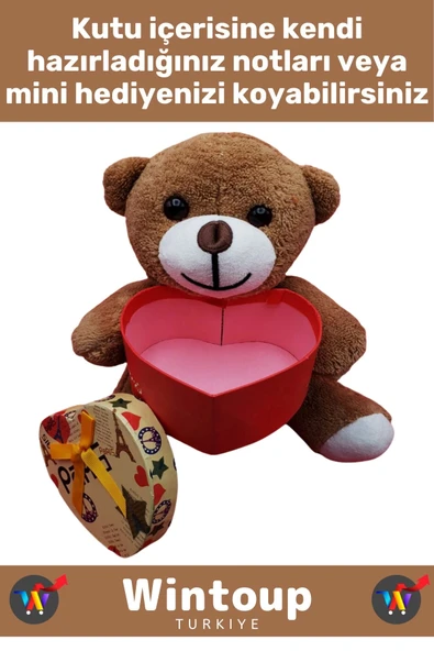 Özel Kız Arkadaş Sevgiliye Hediyelik Sevgililer Günü Özel Gün KALP KUTULU Kahverengi PELUŞ AYICIK - Resim 2