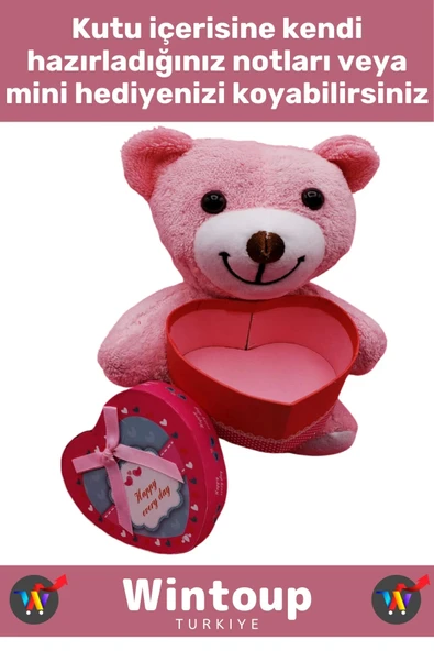 Özel Tasarım Kız Arkadaş Sevgiliye Hediyelik Sevgililer Günü Özel Gün KALP KUTULU Pembe PELUŞ AYICIK - Resim 2