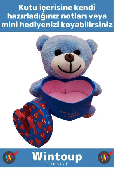 Özel Tasarım Kız Arkadaş Sevgiliye Hediyelik Sevgililer Günü Özel Gün KALP KUTULU Mavi PELUŞ AYICIK - Resim 2