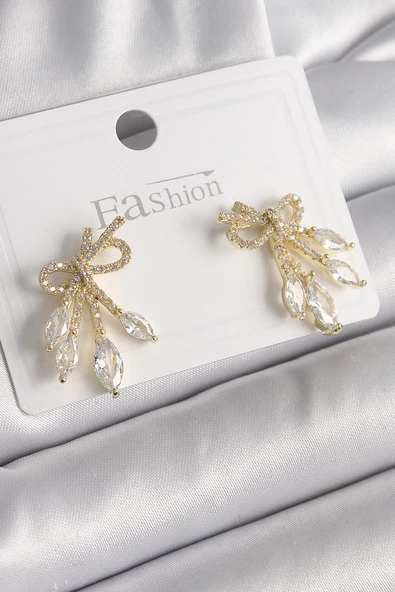 Pirinç Gold Renk Zirkon Taşlı Düğüm Model Damla Zirkon Taşlı Kadın Küpe - TJ-BKP9971 - 1
