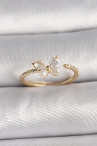 Pirinç Gold Renk Zirkon Taşlı Kelebek Mode İnci Detay Ayarlanabilir Yüzük - TJ-BYK3557 ürün görseli