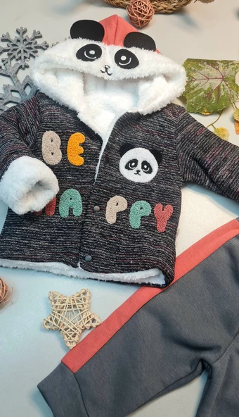 Erkek Bebek Panda Nakışlı Gri Takım - 2