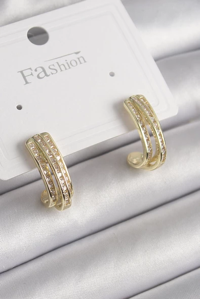 Pirinç Gold Renk Zirkon Taşlı Yarım Halka Model Kadın Küpe - TJ-BKP9977 - 1