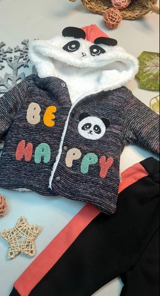 Erkek Bebek Panda Nakışlı Siyah Takım - 2