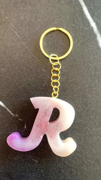 R Harfi Gökkuşağı Renkleri Kırmızı Sim Süsleme Anahtarlık Gold Aksesuarlı El Yapımı Epoksi - 6