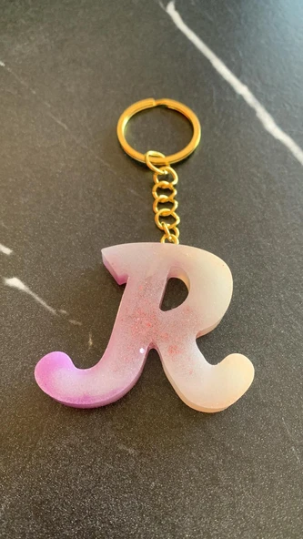 R Harfi Gökkuşağı Renkleri Kırmızı Sim Süsleme Anahtarlık Gold Aksesuarlı El Yapımı Epoksi - 8