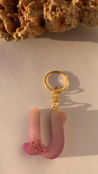U Harfi Gökkuşağı Renkleri Kırmızı Sim Süsleme Anahtarlık Gold Aksesuarlı El Yapımı Epoksi - 5