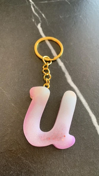 U Harfi Gökkuşağı Renkleri Kırmızı Sim Süsleme Anahtarlık Gold Aksesuarlı El Yapımı Epoksi - 4