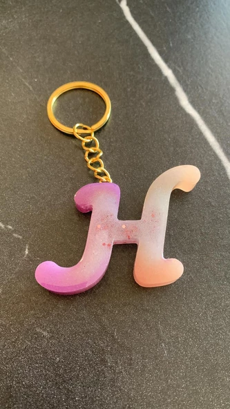 H Harfi Gökkuşağı Renkleri Kırmızı Sim Süsleme Anahtarlık Gold Aksesuarlı El Yapımı Epoksi - Resim 8