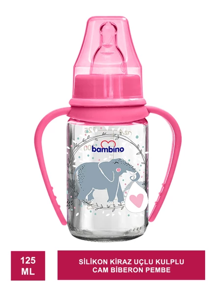 Bambino Silikon Kiraz Uçlu Kulplu Cam Biberon 125 ml - B015 -Pembe